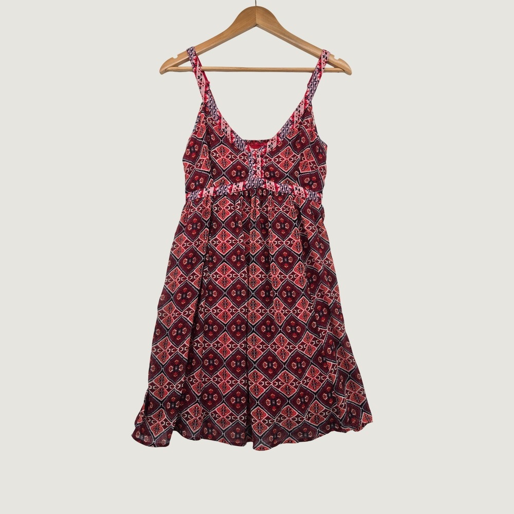 Hollister Red Geometric Mini Dress Large Boho Smocked Back Sun Dress Sleeveless